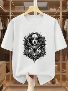 Breathable T-Shirt, Dark Nun Print With Guns, Roses And Thorns, Etched Ink Style, Ideal For Gothic Looks And Nights Out. - 白色 - 查看 1