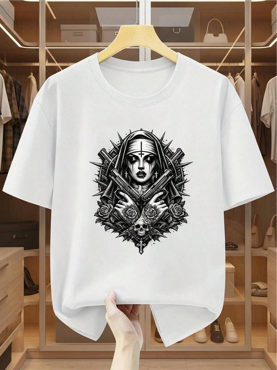 Breathable T-Shirt, Dark Nun Print With Guns, Roses And Thorns, Etched Ink Style, Ideal For Gothic Looks And Nights Out. - 白色 - 查看 1