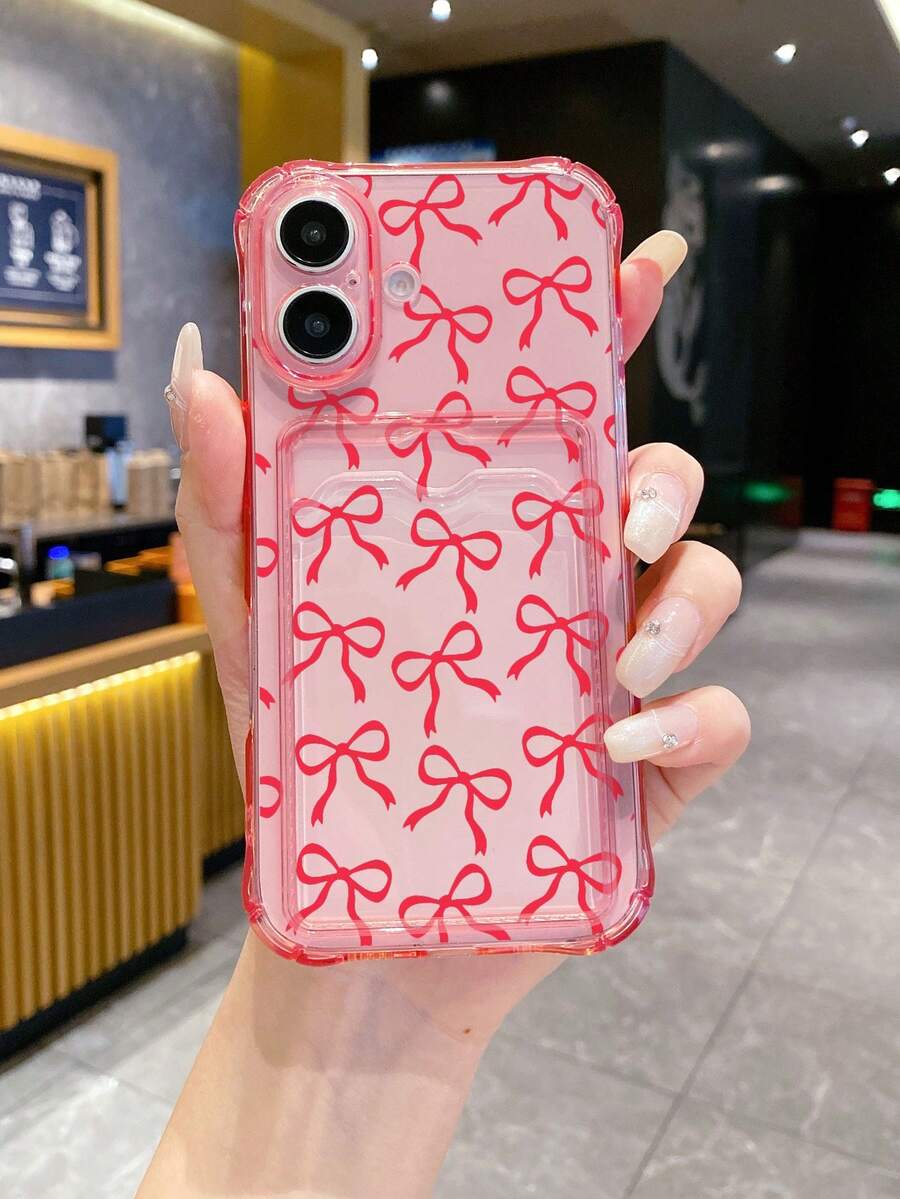 1pc Pink Transparent TPU Red Hand-Drawn Bow Pattern Four-Corner Anti-Drop Integrated Card Holder Phone Case, Simple Fashion Versatile Creative Personalized, Full Coverage Protection Dustproof Waterproof Soft Shell Suitable For Versatile Phone Case/Card Holder Phone Case/Interesting Phone Case - Multicolor - View 1