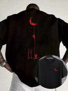 [Double Front And Back Design] Round Neck T-Shirt With Moon And Tree Design On The Front And Back,  Short Sleeves For Summer, Casual Style Top - 黑色 - 查看 10