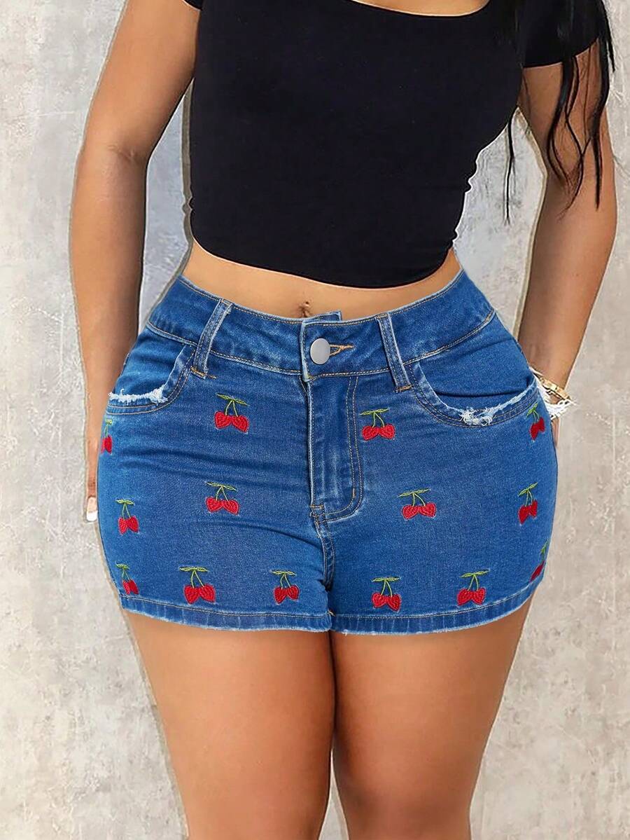 Quần short denim mini Y2K thêu hình anh đào, túi chéo, co giãn, dáng ôm casual, món đồ thiết yếu cho mùa hè - Màu xanh lam - Xem 1