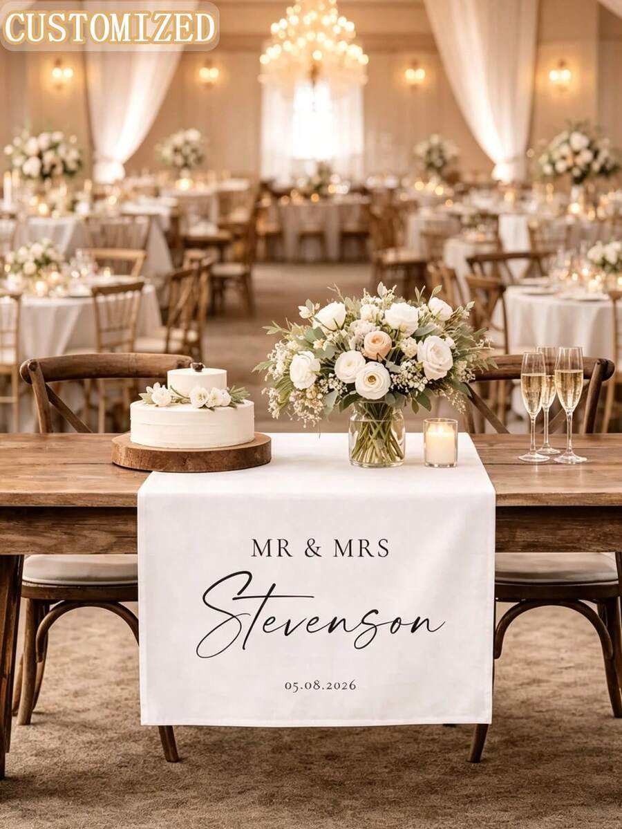 Personalized Mr & Mrs Wedding Table Runner, Custom Name & Date Table Decor, Wedding Reception/Engagement/Bridal Shower Decoration, Personalized Ceremony Sign, Sweetheart Table Decor, Last Name Sign