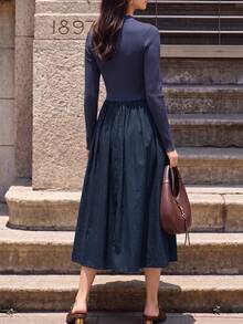 Navy Knit Patchwork Midi Dress Stand Collar Button Long Sleeve Swing Casual Dress Elegant - Navy Blue - View 2