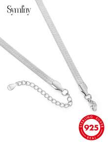 SYMFNY 1pc 925 Sterling Silver Minimalist 3mm Flat Snake Chain Necklace, Suitable As Jewelry Gift For Men And Women For Daily Wear - Silver - View 3