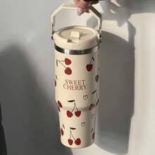 1個法式甜櫻桃印花不鏽鋼吸管隨行杯，大容量長效保溫保冷雙層隔熱，奶油底色搭配紅色櫻桃圖案氛圍感十足，翻蓋防漏，手柄設計易握方便攜帶，適合辦公通勤、戶外健身、短途旅行一站式使用，精緻水杯，女孩個人使用或送禮的理想禮物，真空保溫瓶、保溫瓶、杯子、旅行隨行杯、冷熱雙用旅行隨行杯、附吸管旅行隨行杯、水壺、水杯 - 彩色 - 查看 5