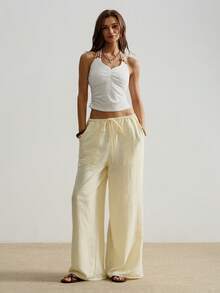Women's Solid Color Drawstring Waist Casual Versatile Commuting Wide Leg Pants Summer - Yellow - View 4