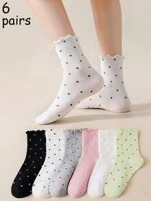 1/6 Pairs Women's Multi-Color Polka Dot Ruffle Socks, Sweet And Cute Style Suitable For Campus And Daily Wear, Simple Basic Style Suitable For Office And Outings, Young Lady Style Suitable For Home And Casual Scenes, Comfortable Fabric, Easy To Match, Cute, Randomly Mixed - Multicolor - View 11