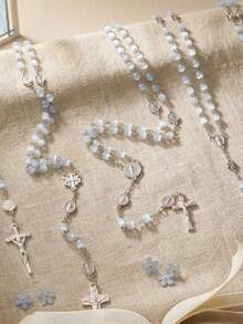 1pc Fashion Women's Y-Shaped Rosary Necklace, Blue Cat Eye Bead Vintage Virgin Mary Cross Pendant Y-Shaped Necklace, Catholic Religious Prayer Beads, Y2K Elegant Daily Decorative Jewelry, Valentine's Day, Mother's Day, Baptism Gift - Baby Blue - View 1