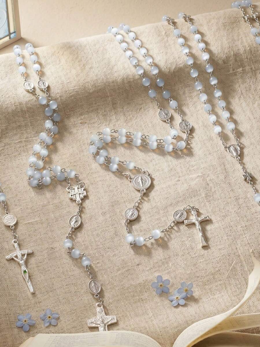 1pc Fashion Women's Y-Shaped Rosary Necklace, Blue Cat Eye Bead Vintage Virgin Mary Cross Pendant Y-Shaped Necklace, Catholic Religious Prayer Beads, Y2K Elegant Daily Decorative Jewelry, Valentine's Day, Mother's Day, Baptism Gift - Baby Blue - View 1