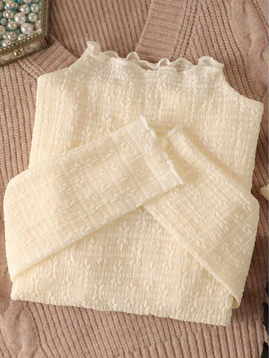 Women's Semi-High Neck Lace Undershirt, Thin Long Sleeve Autumn/Winter New Sweater Inner Layer, High-End Mesh Top Casual - Apricot - View 1