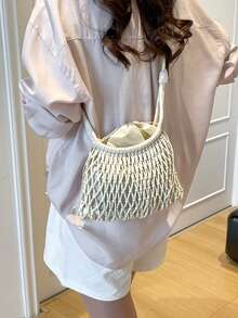 2026 Woven Net Bag Shoulder Bag Colorful Stone Beads Embellished Lattice Vacation Handbag Design Drawstring Inner Pocket Women's Bag - White - View 5
