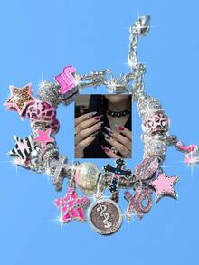 1 pieza Pulsera con dije de corazón y cruz con estampado de leopardo rosa, Pulsera de estrella con estampado de leopardo para niñas, Pulsera de amistad de estrella fucsia para niñas, Pulsera DIY de cruz oscura - Plateado - Ver 2