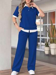 女款春/秋季新款 Polo 領短袖 T 恤與休閒日常彈性腰鬆身長褲 2 件套，運動通勤優雅套裝 - 藍色 - 查看 2