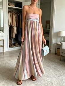 Strapless Pleated Color-Block Evening Gown, Women's Flowy A-Line Floor-Length Formal Dress, Elegant Gala & Prom Dress - Color - View 4