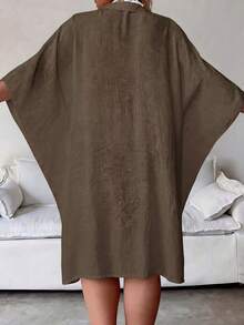 Baju Penutup Liburan Panjang Semi-Transparan Ukuran Besar, Dengan Kerah dan Lengan Sepanjang Pergelangan Tangan. Musim Panas Pantai - Coffee Brown - View 3