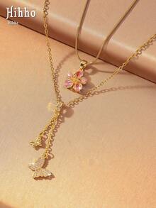 Hihho 2pcs European And American Style Pink Flower & Butterfly Y-Necklace, Double Layer Fine Chain Luxury Beach Vacation Necklace, Suitable For Beach Vacation, Date Afternoon Tea, Poolside Outfit, Short Trip, Daily Commute - Clavicle Chain - View 6