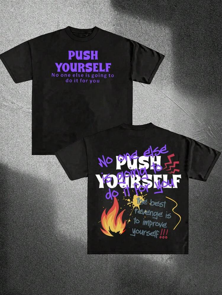 Camiseta inspiradora: Camiseta de gran tamaño de 220 g/² con un llamativo diseño de Push Yourself, perfecta para ropa urbana y el gimnasio, lavable aáquina, de corte holgado y cuello re - Negro - Añade 1