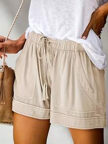 Women's Casual Shorts With Adjustable Drawstring, Elastic Waistband, Solid Color, Lightweight, For Summer Beach, With Pockets - 乳白色 - 查看 2