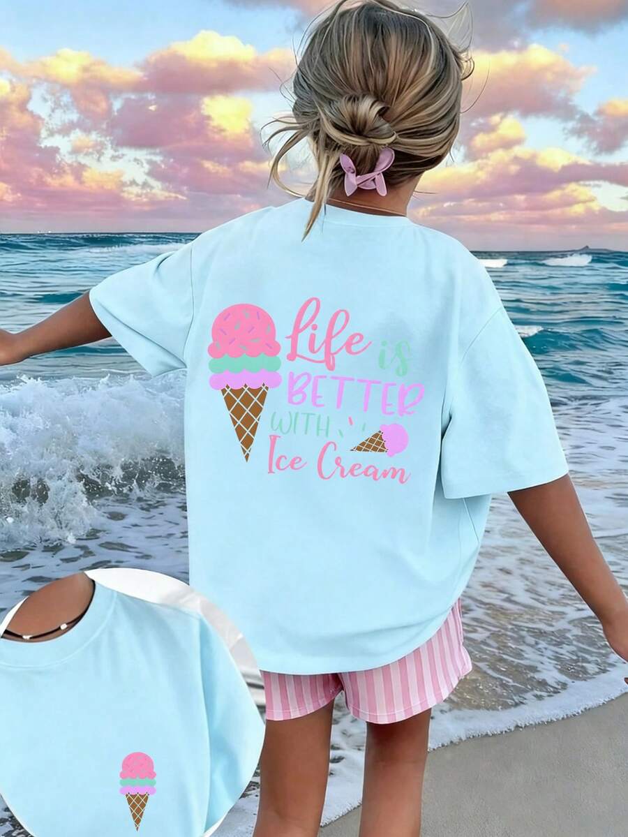 Tween Girl Casual Fun Print Crew Neck Pullover Short Sleeve T-Shirt Summer Top - Baby Blue - View 1