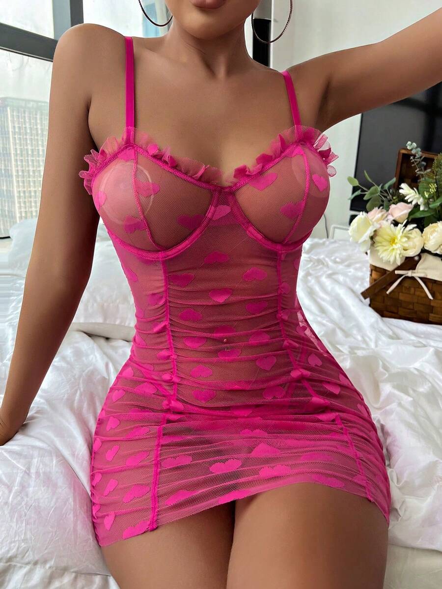 Vestido y tanga de lencería sexy con arnés con volantes y aros para sujetar el busto - Rosa Fucsia - Ver 1
