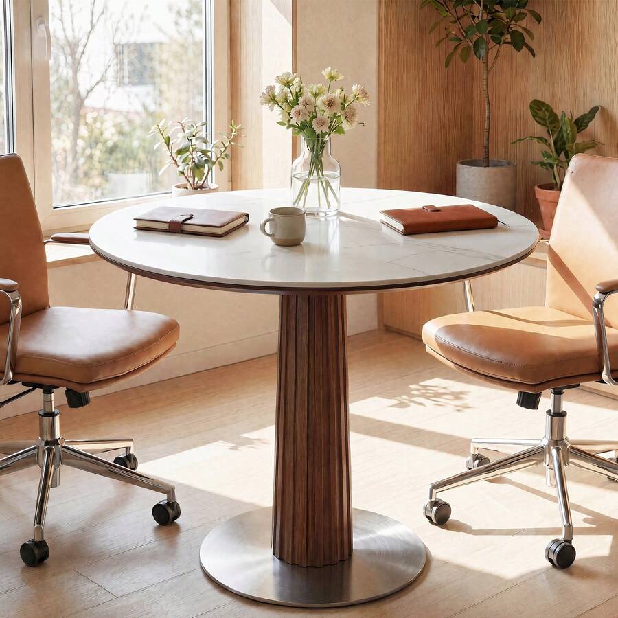 Tribesigns 31.5-Inch Round Conference Table For 2-4 People, Small Wood Meeting Room Table With Thickened Sintered Stone Tabletop And Stainless Steel Base (White + Walnut) - White and Dark Walnut - View 1
