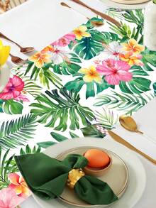 1件夏威夷風桌旗,180*35cm 花卉龜背葉圖案聚酯纖維桌布,夏威夷主題生日派對用品桌旗 - 彩色 - 查看 3