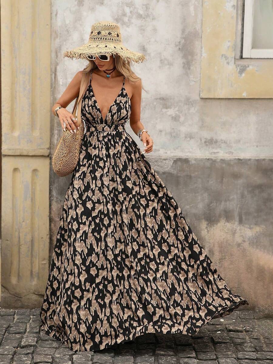 Vestido Espalda al aire Cruzado Cremallera todo estampado - Negro - Ver 1
