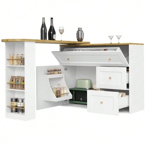 Extendable Bar Table With Storage (138-204*39*105cm), Kitchen Furniture, Sideboard With Snack Shelf, Telescopic Bar Table, High Table, Bistro Table, Kitchen Island, Black - 白色 - 查看 1