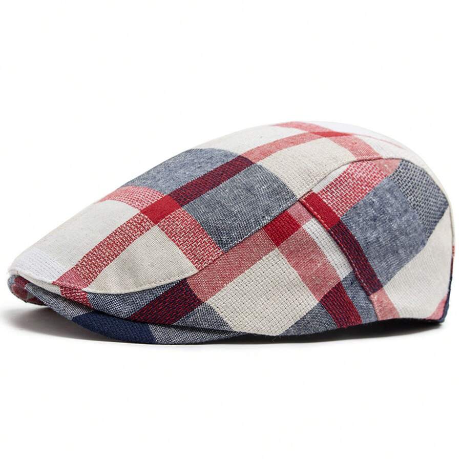 Vintage Tartan Plaid Linen Flat Cap Men Lightweight Breathable Check Ivy Gatsby Hat Casual Outdoor Driving Newsboy Cabbie Beret Cap - 酒紅色-花格 - 查看 1