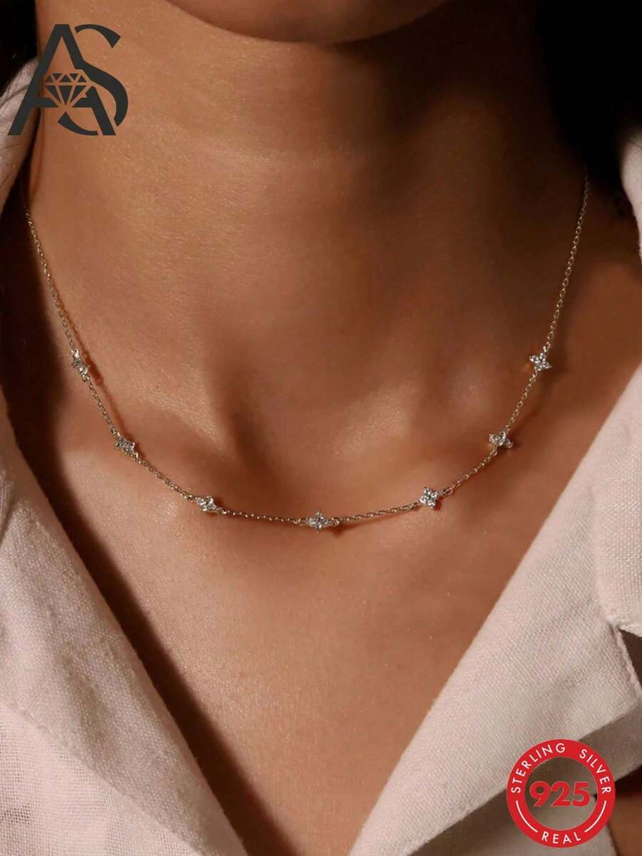 AnlaScheer 1 pieza Collar de flor minimalista clásico de plata de ley 925 con circonita cúbica, adecuado como un exquisito regalo de joyería, accesorio versátil, ideal para que las mujeres lo usen en fiestas, compromisos y otras ocasiones - Plateado - Ver 1