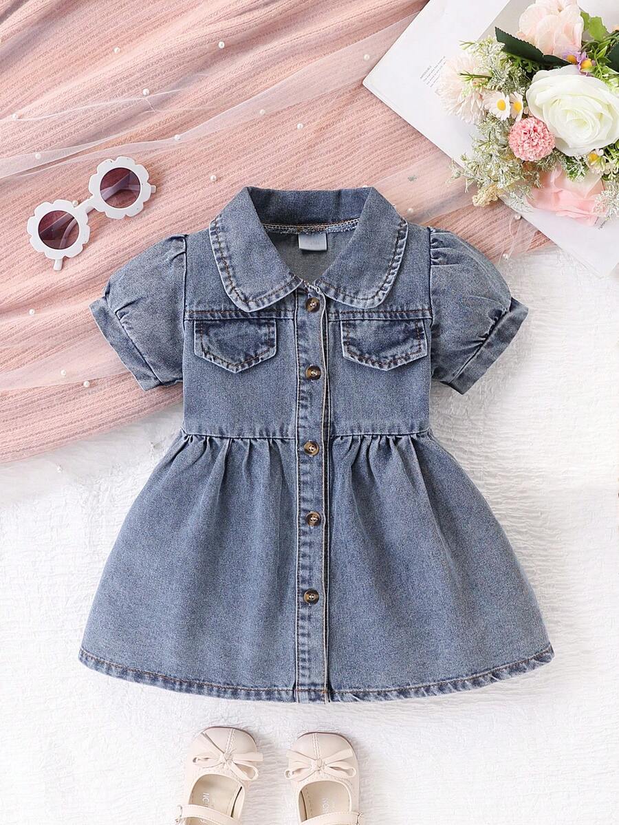 Baby Girls' Casual Button Puff Sleeve Denim Dress, Suitable For Daily Wear, Festivals, Parties, Can Be Used As Gift - Medium Wash - View 1