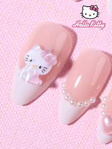 Sanrio Hello Kitty 24片杏仁形可愛3D裝飾白色法式指尖美甲貼，蝴蝶結與珍珠設計，完美貼合壓克力假指甲套組，含1瓶果凍膠與1個指甲锉，適合女性與女孩日常與派對使用 - 彩色 - 查看 3