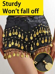 128pcs Coin Music Festival Waist Chain, Belly Dance Hip Scarf, Soft Belly Dance Skirt, Sequin Skirt, Suitable For Star Performance, Ballet Stage Performance, Bohemian Style, Halloween Women's Outfit, Party Carnival Nightlife Beach Wear Accessory - Multicolor - View 5
