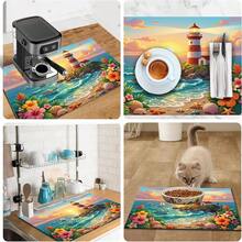 1pc Dish Drying Mat, Coffee Machine Mat, Seaside Sunset Lighthouse Sailboat Print With Tropical Floral Shell Starfish Pattern, Durable Absorbent Polyester Fiber Draining Mat, Suitable For Dining Table, Cafe And Other Scenes, Multipurpose Drainage Mat, Home Gift, Tabletop Decoration - XYLSD-517 - View 9