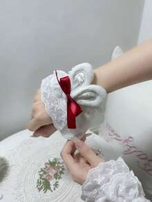 1對女款兔耳蝴蝶結蕾絲飾邊袖套蘿莉塔假袖口 - 紅色 - 查看 3