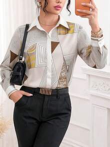 Áo sơ mi satin nữ tay dài họa tiết hình học, cổ đứng cài nút thanh lịch, phù hợp cho kỳ nghỉ hè, đi làm, dự tiệc, lễ tốt nghiệp, dạo phố và các dịp thường ngày khác - Màu be - Xem 6