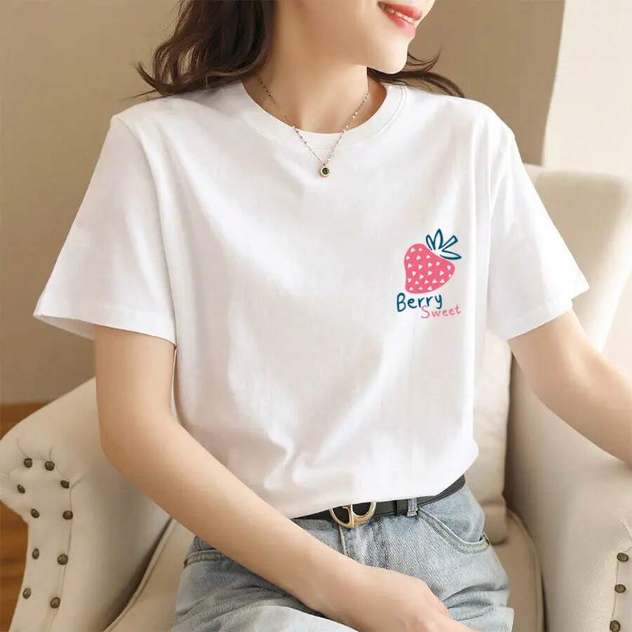 Loose Fit T-Shirt With Anime Cartoon Print - الفراولة - مشاهدة 1