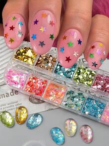 12-Grid Dreamy Iridescent Star & Heart Nail Glitter, Aurora Random Mix Heart, Star, Hexagon Nail Glitter, Laser Holographic Dopamine Nail Art Decor, Wedding Nail Supplies Nail Charms - Multicolor - View 5