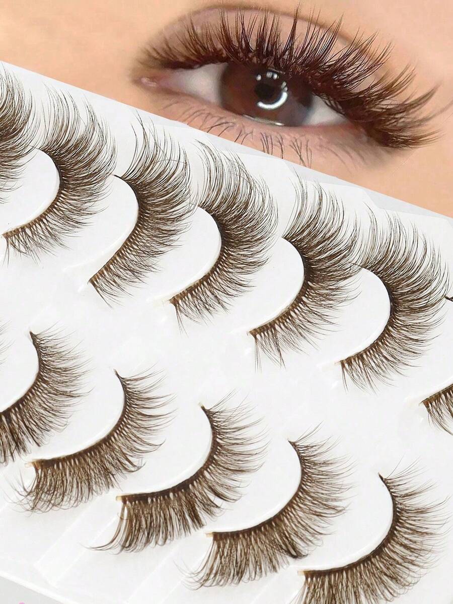 7 Pairs Brown False Eyelashes, Winged Eye Tail, 6-20mm, Thick Fluffy Cat Eye Faux Lashes - 棕色 - 查看 1