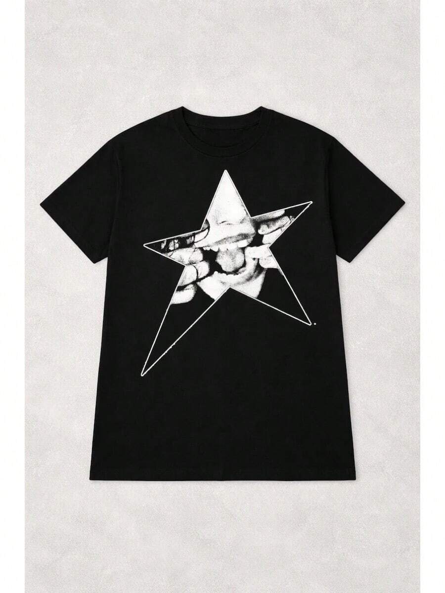 Maglietta Y2k con Teschio e Stella |   Maglietta Grafica Bianca e Nera, Design Grunge Ispirato al Rock Audace - nero - Visualizzare 1