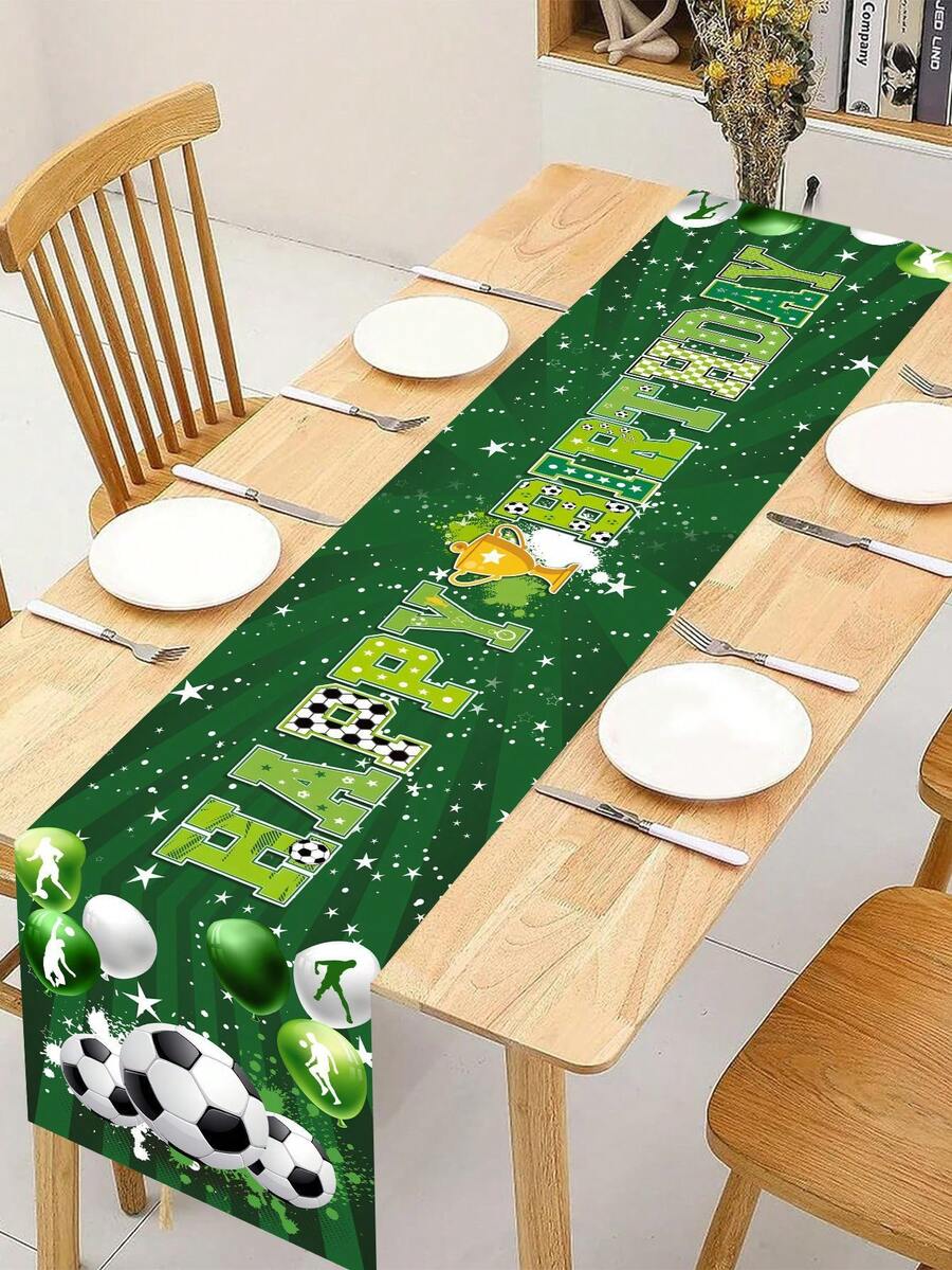 1件足球主題生日桌旗，180*35cm 綠色足球聚酯纖維桌旗，男孩生日派對用品，室內/室外居家桌面裝飾