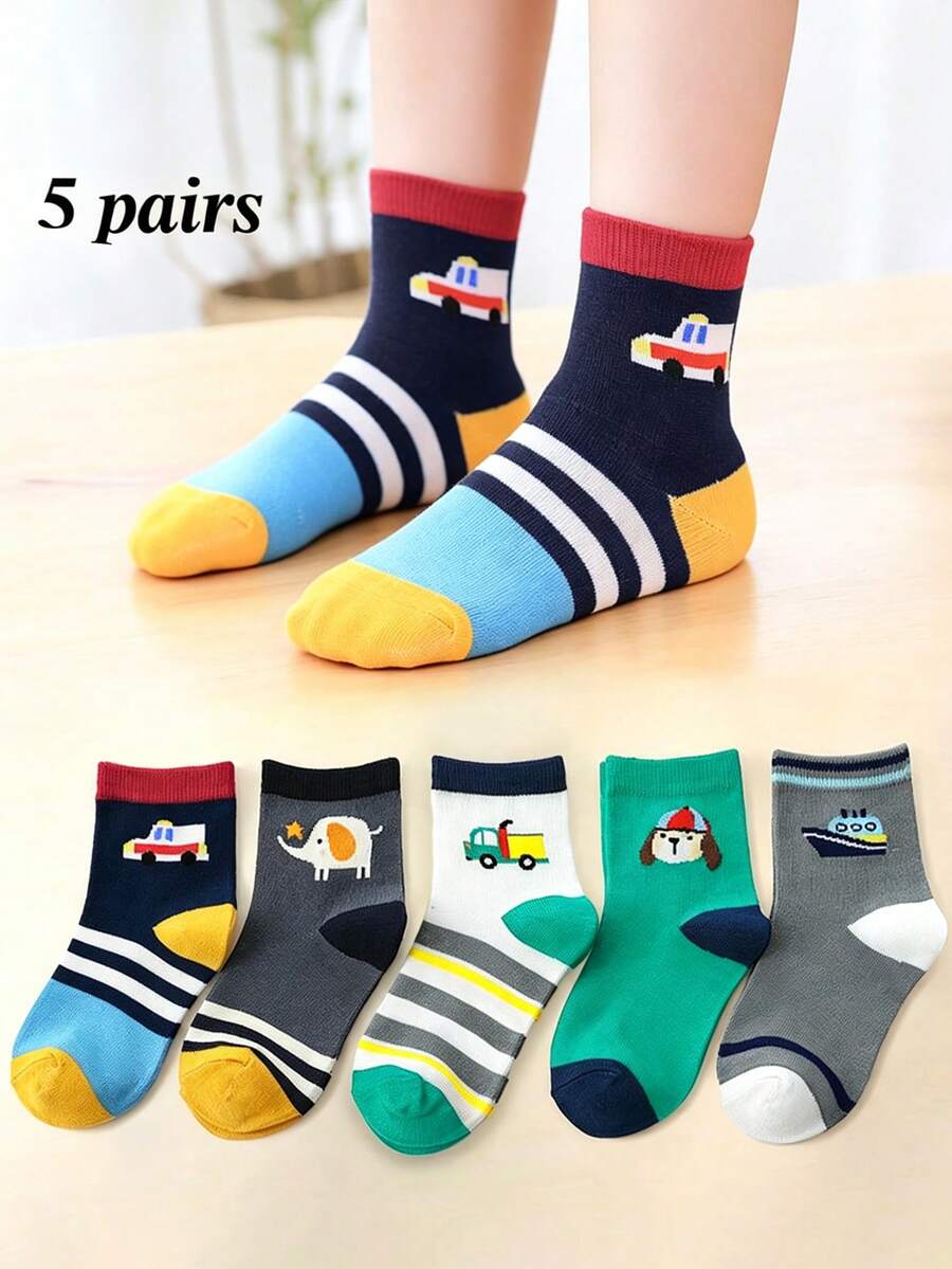 5 Pairs Cute Cartoon Car Pattern Breathable Odor-Resistant Children's Socks, Suitable For Spring, Summer, And Autumn - Multicolor - View 1