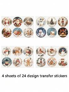 4pcs Nordic Scandinavian Round Santa Claus Snowman Reindeer Christmas Tree Hanging Decor DIY UV DTF Erasable Transfer Stickers, Winter Merry Christmas Theme Suitable For Mugs, Coffee Cups, Glass Cups, Vases, Laptops, Phone Cases, Greeting Cards, Illustrations, Junk Journals, Planners, Scrapbooks, Photo Albums And Home Decor, 6.8cm - Nordic Style - View 4