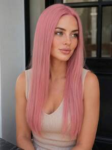 28 Inch Pink Straight Hair Wig Women Fashion Party Wig Christmas Carnival Style Middle Part No Bangs Suitable For All Women Halloween - Pink - View 7