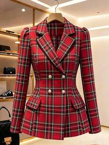 Women's Autumn/Winter Office Daily Holiday Color-Block Christmas Plaid Design Contrast Trim Fitted Double-Breasted Long Sleeve Blazer - Red - View 4