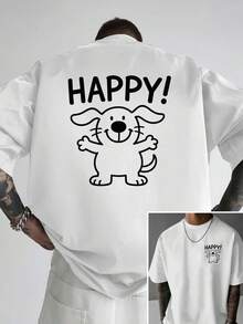 Camiseta de hombre con hombros caídos, estampado frontal de cachorro feliz, ¡HAPPY!, camiseta de hombre de corte holgado, ropa de hombre de estilo moderno y actual, una prenda esencial para - Blanco - Ver 2