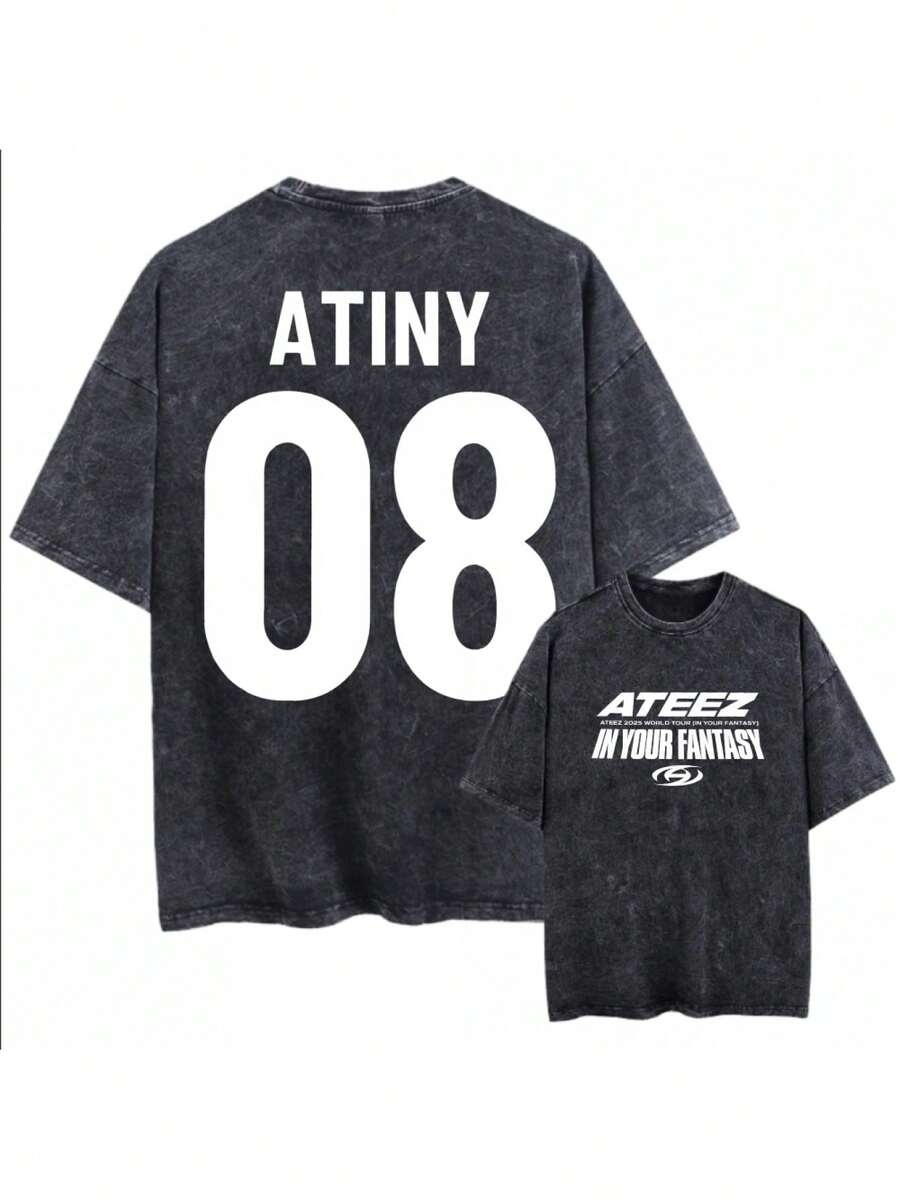 ATINY 08 Black Cotton T-Shirt With 'In Your Fantasy' Print, Unisex Casual Fan Clothing, MINGI Graphic Tee From South Korea, Fashionable Retro Short Sleeve T-Shirt - 黑色 - 查看 1
