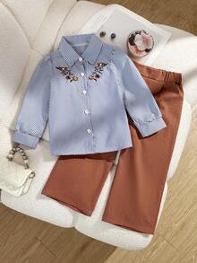 Young Girls Summer New Striped Floral Embroidery Short Sleeve Collar Shirt Top + Solid Color Casual Shorts Set Suitable For Outdoor Wear - Multicolor - View 2