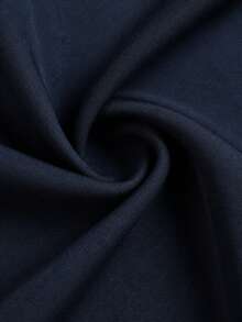 Navy Knit Patchwork Midi Dress Stand Collar Button Long Sleeve Swing Casual Dress Elegant - Navy Blue - View 9