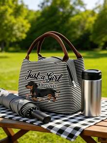 Dachshund Lover Exclusive Printed Striped Tote Bag, Soft Girly Style Daily Handbag; Durable And Wear-Resistant, Ideal For Carrying Essentials; Simple Handle Design, Easy To Carry; Fresh Stripes Paired With Cute Dachshund Pattern And Heart Paw Prints, Showcasing Playful Charm. - Multicolor - View 5
